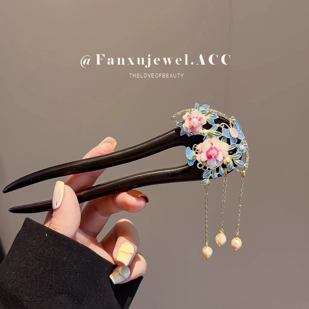 珐琅彩牡丹花木制发簪女高档宫廷风盘发簪子珍珠流苏步摇发钗礼物