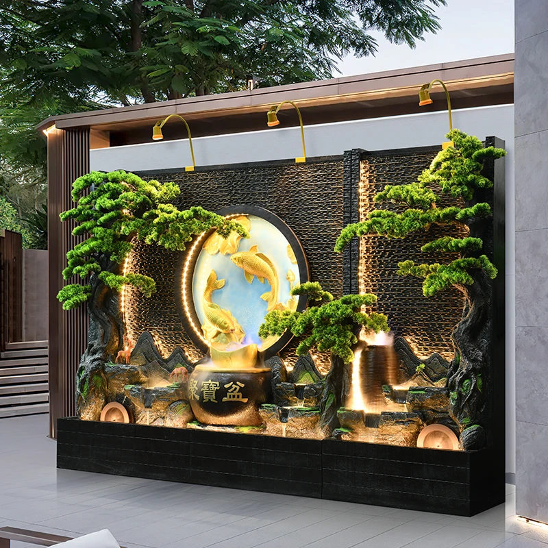 大型水幕墙屏风假山流水酒店会所办公室玄关喷泉水幕墙流水屏风