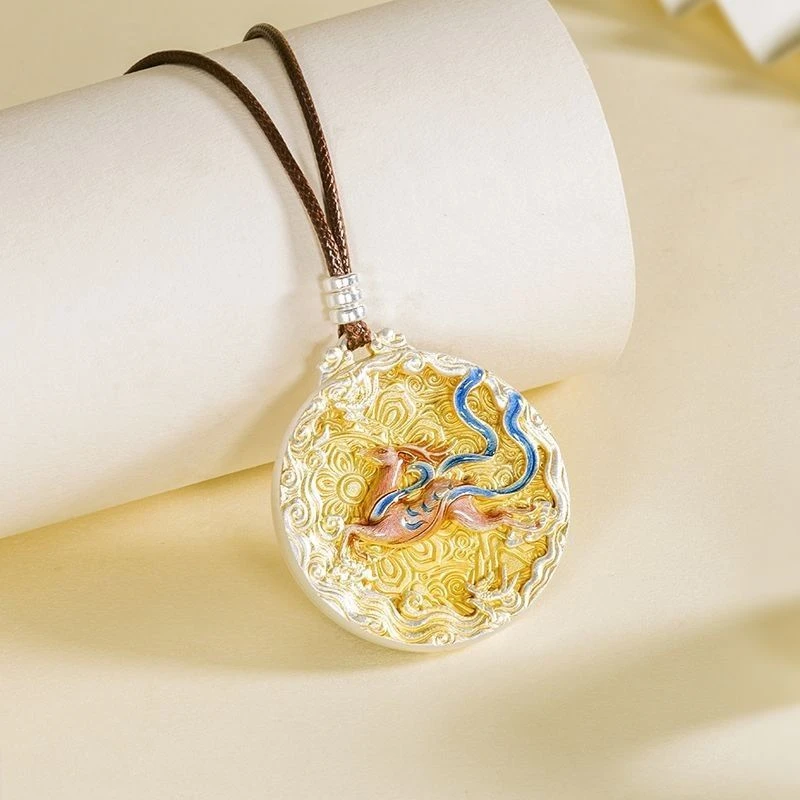 吊坠足银 足银999珐琅彩描金敦煌魔鹿吊坠女吉祥如意国风纯银项链