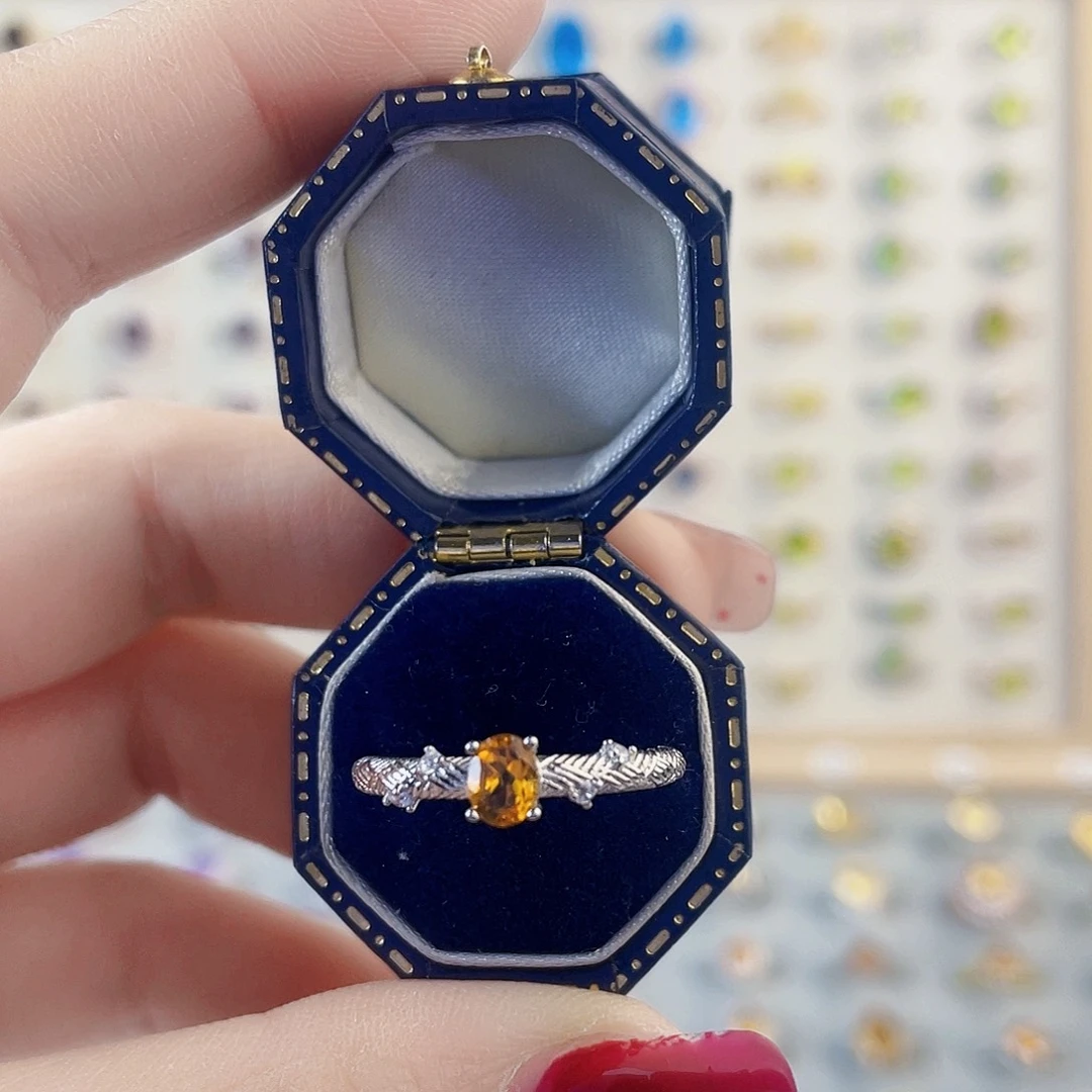 黄晶戒指银S925镶嵌镶钻拉丝戒臂戒指