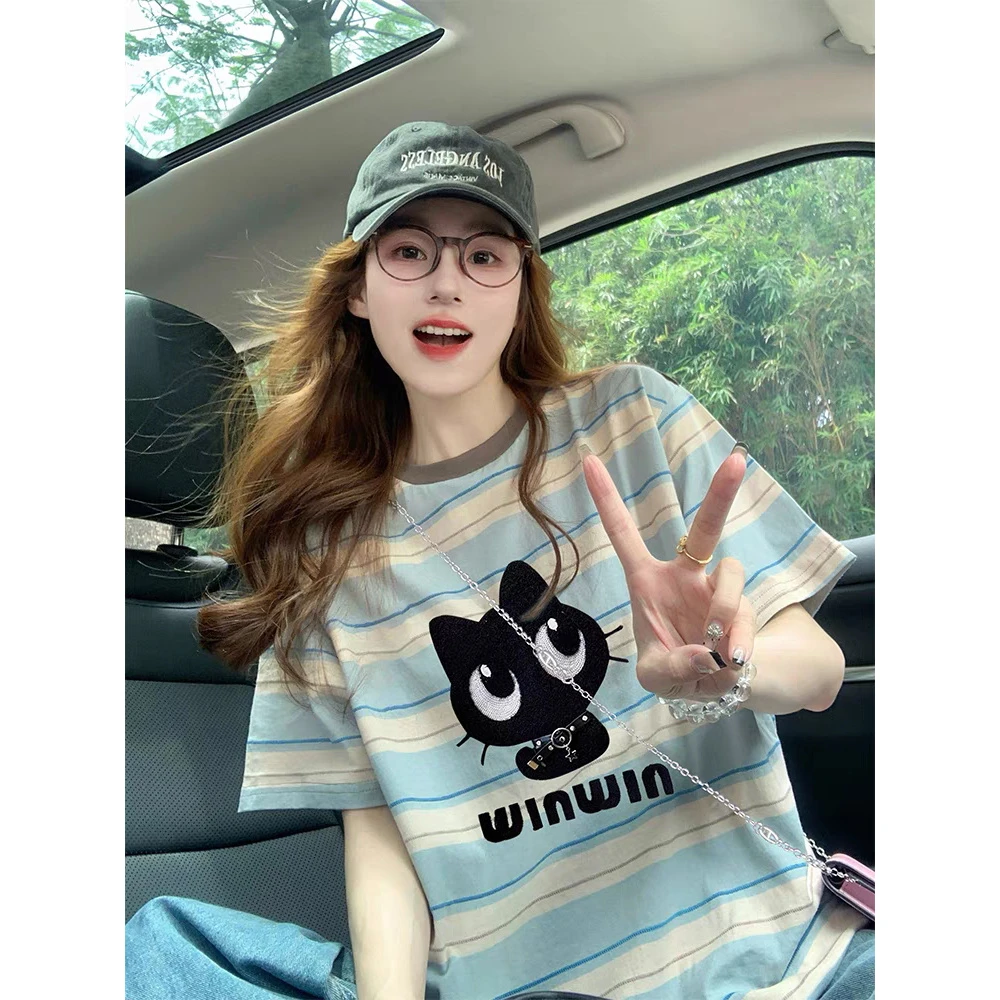 猫咪撞色条纹短袖t恤女2025新款夏季美式宽松设计感正肩休闲上衣