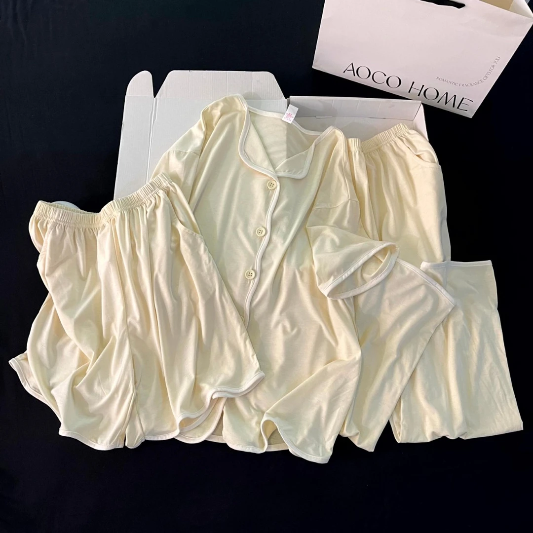 睡衣女夏季三件套装凉感2025新款大码薄款高级感杏色春短袖家居服