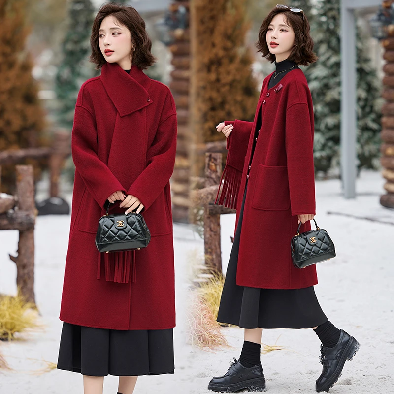 2025年新款高级感本命年红色围巾款羊毛呢大衣女中长款气质呢外套