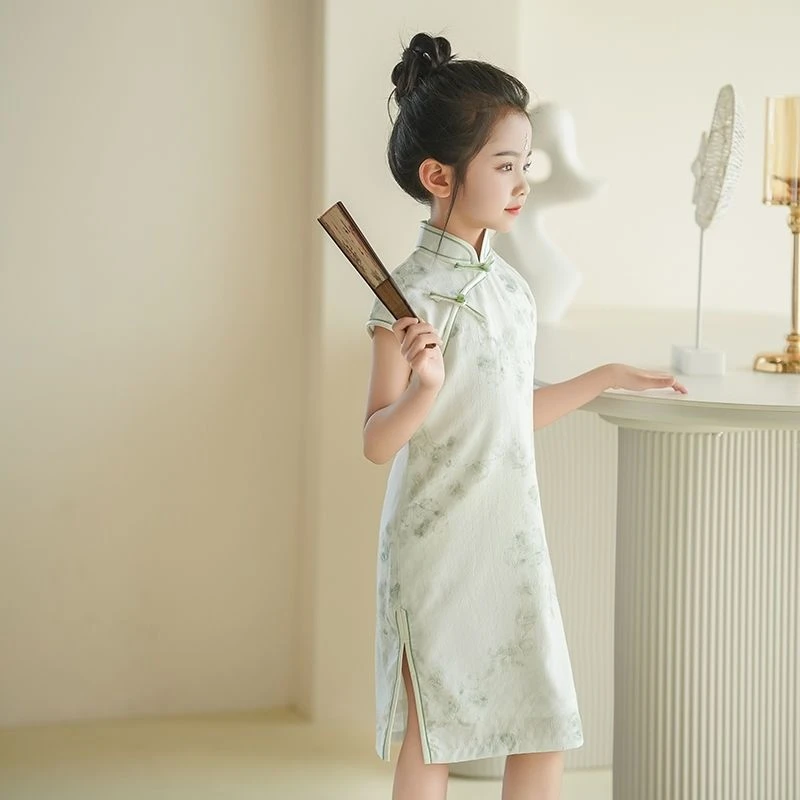 现货速发【断码】绿色女童旗袍夏季薄款清新中国风连衣裙小女孩走秀