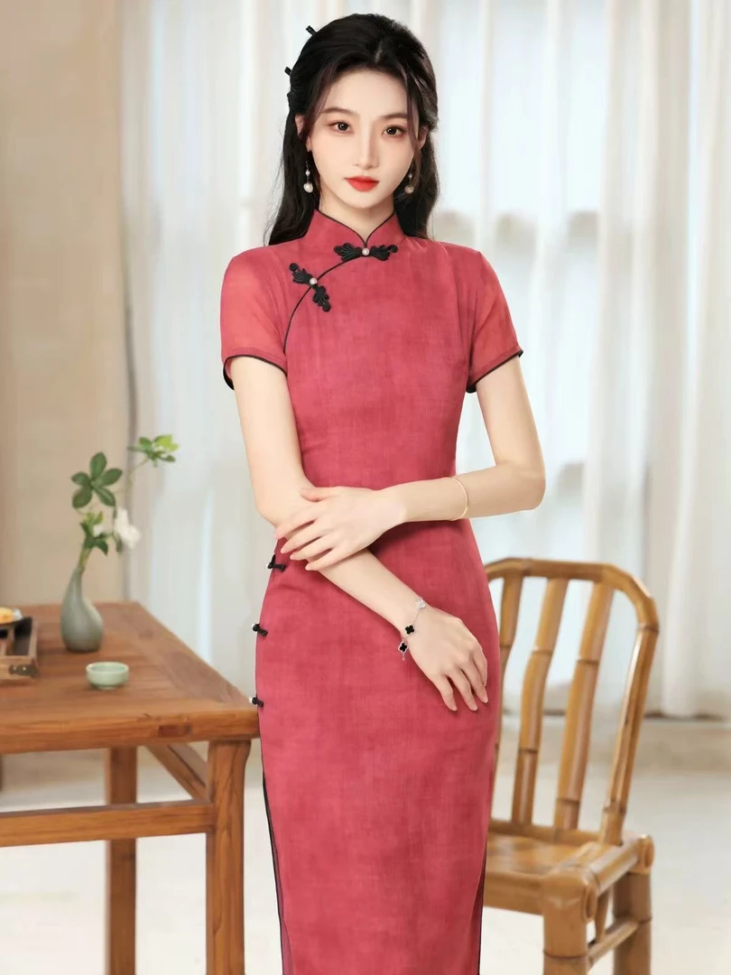 ZD左年轻款气质优雅淑女范乔其纱长旗袍夏季新中式短袖日常可穿
