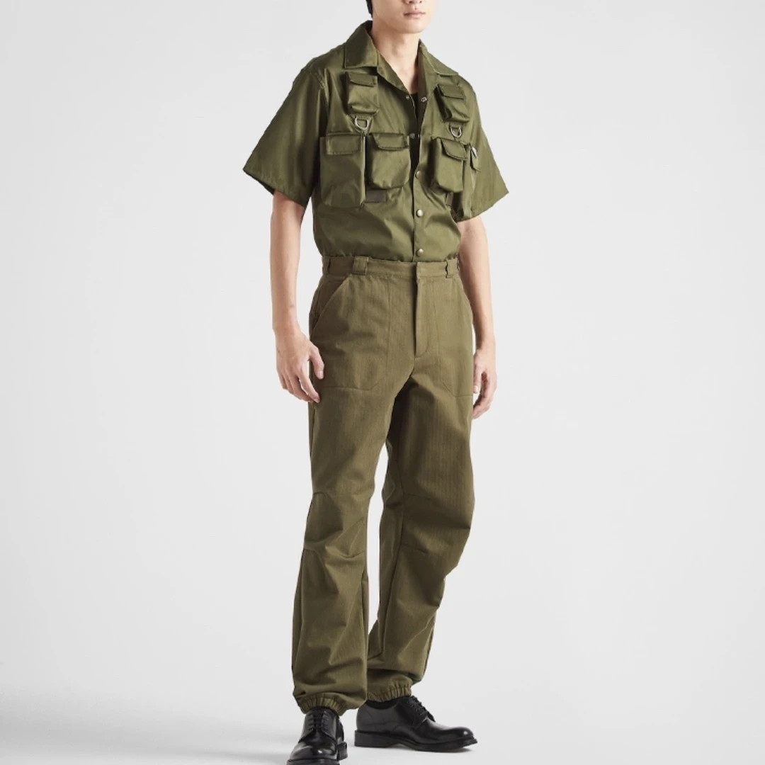 99新 Prada/普拉达 3218/PRADA SS24 深橄榄绿短袖衬衫/L码