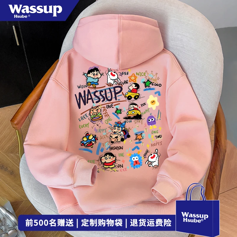 WASSUP HSUBE蜡笔小新卡通印花连帽卫衣男女设计感秋冬季粉色上衣