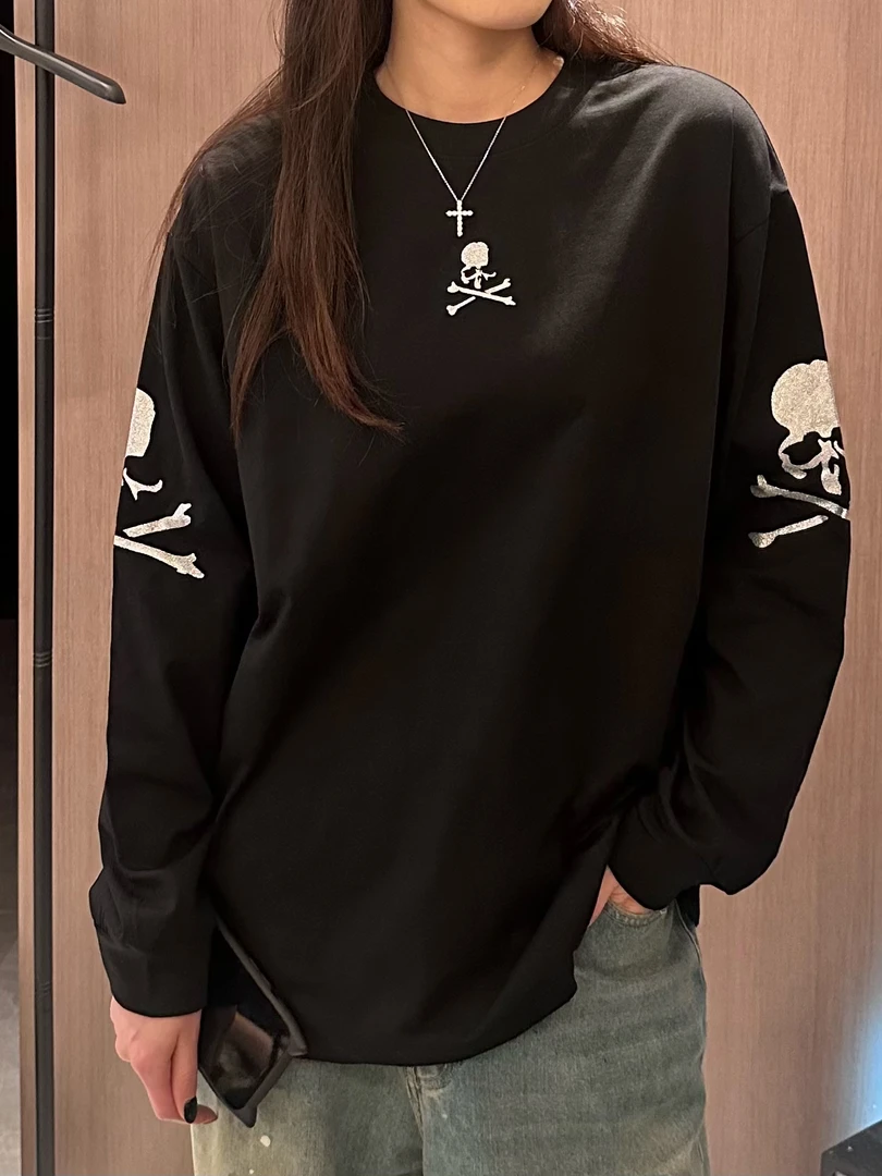 ss25骷髅印花长袖T恤时尚百搭男女同款休闲黑色宽松潮流