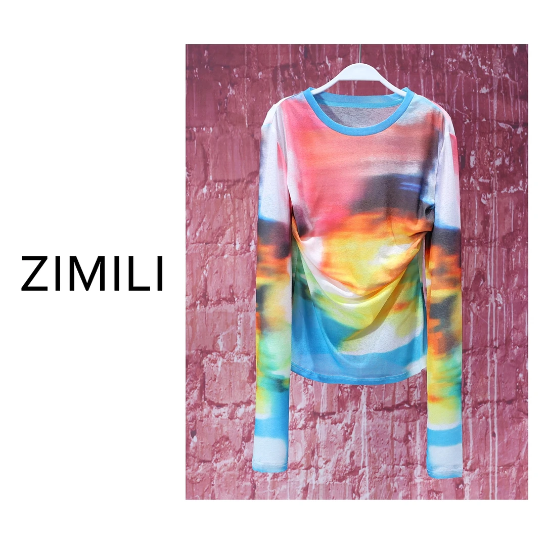 【亮哥女装】2025欧版新品晚霞七彩水印高弹显瘦网纱上衣6135-K7