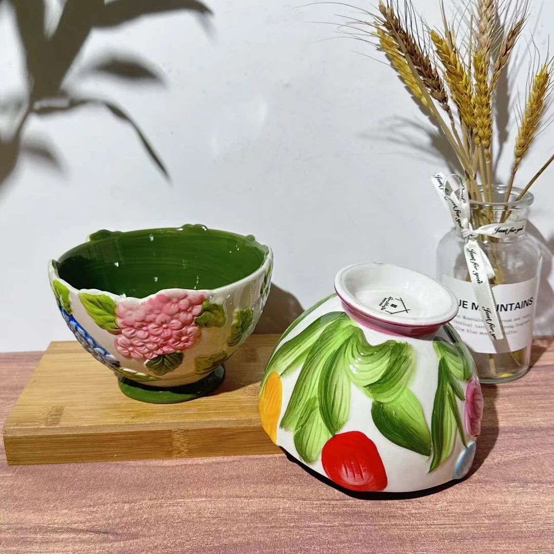 陶瓷米饭碗水果甜品沙拉碗浮雕手绘【绣球+郁金香】