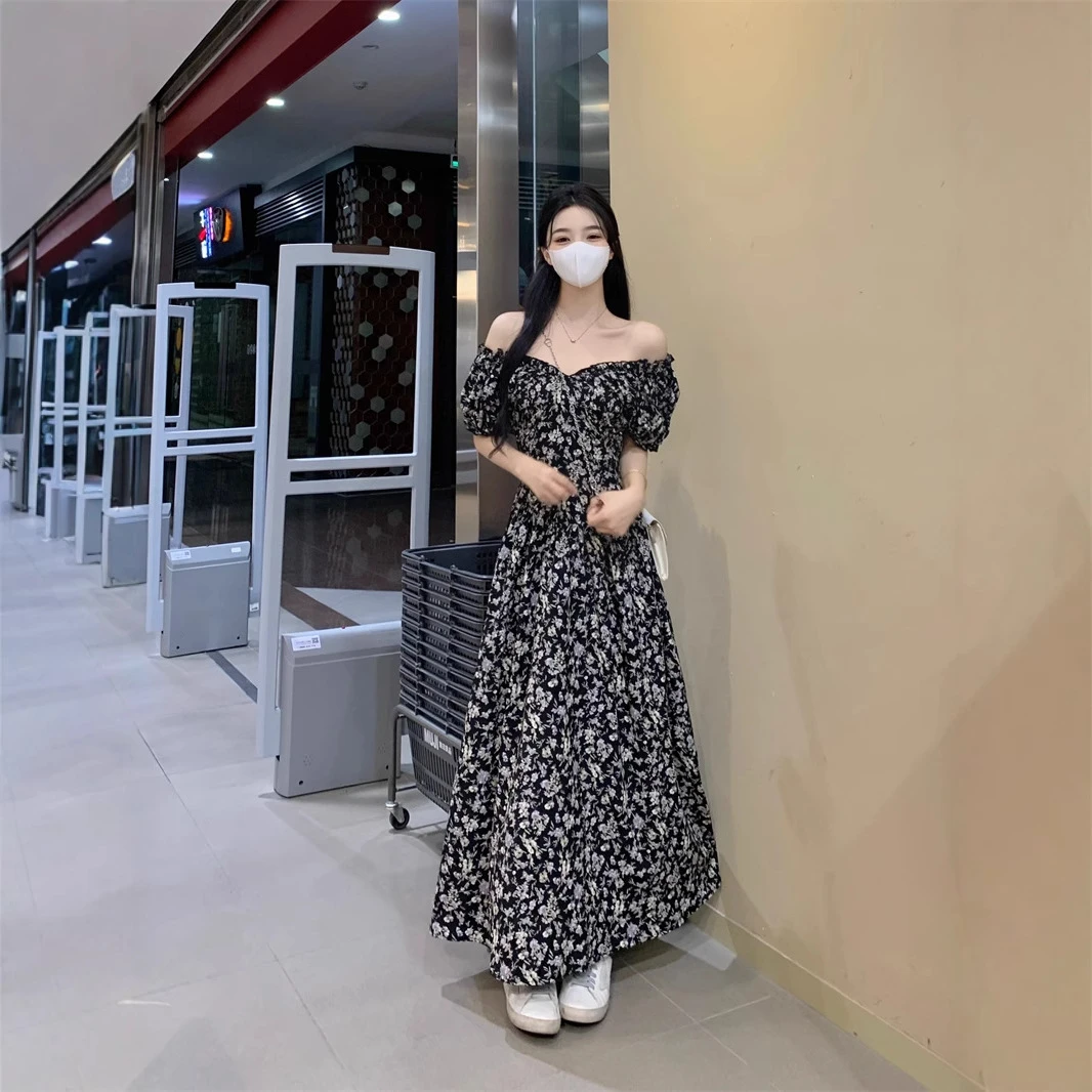 大码碎花长裙2025夏季法式甜美温柔风仙女气质雪纺短袖收腰连衣裙