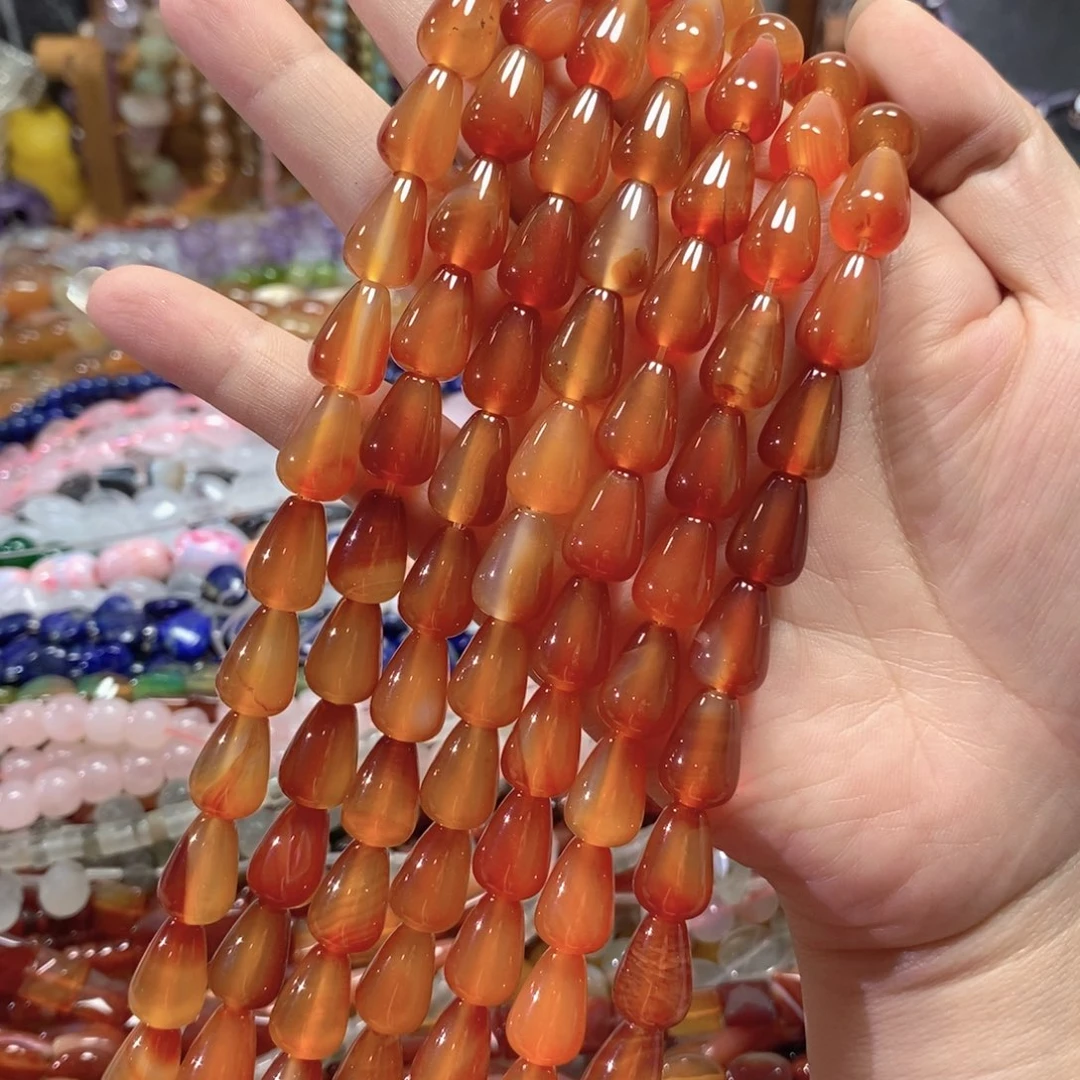 玛瑙/玉髓未镶嵌珠宝半成品红玛瑙水滴一条卡10mm