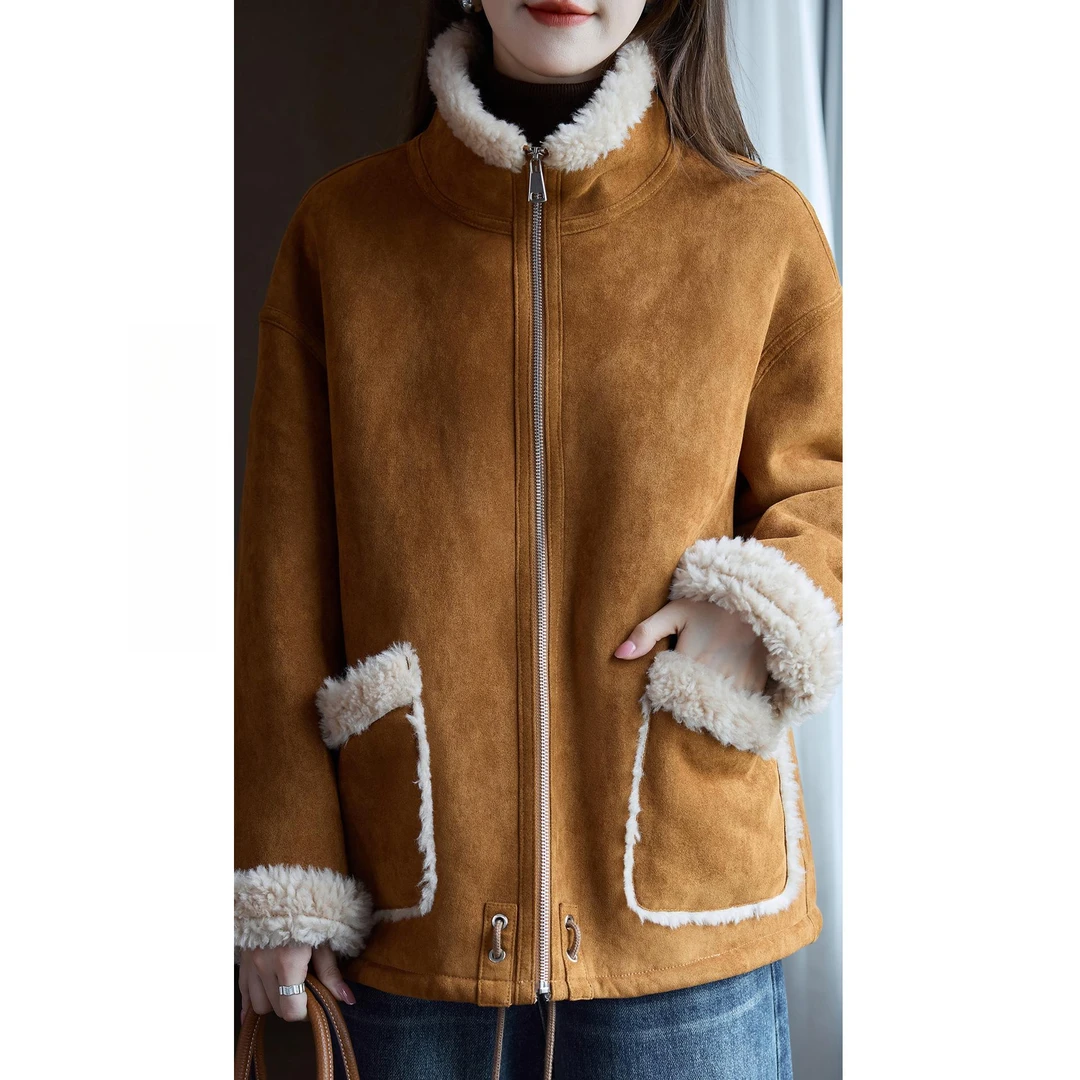 轻奢时尚立领拉链款羊剪绒大衣防风保暖时尚女装冬季新款羊毛外套