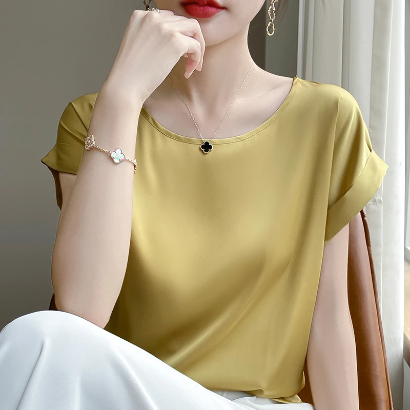 【100桑蚕丝】圆领小飞袖百搭T恤女士时尚短袖F137