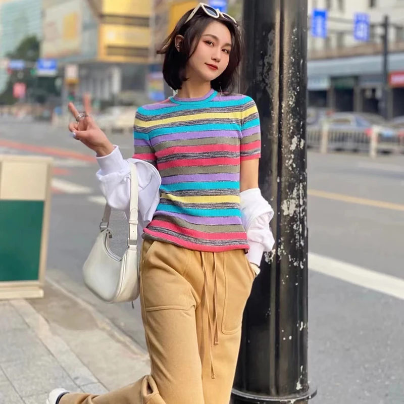 AMASS/阿玛施夏季百搭休闲彩色圆领条纹针织上衣短袖5399610女款