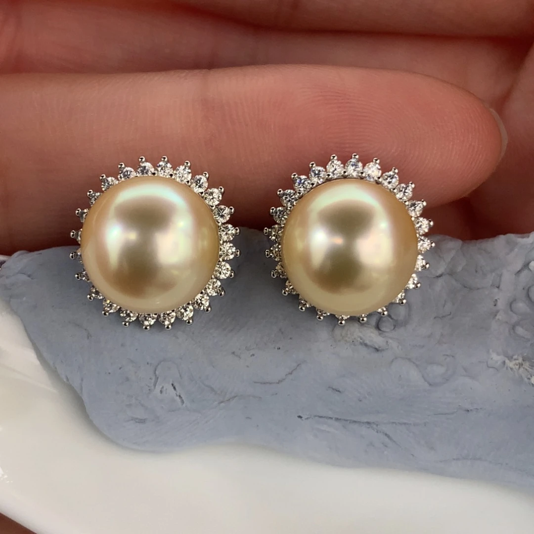 定制海水珍珠银S925镶嵌耳饰10-11mm金珠两颗