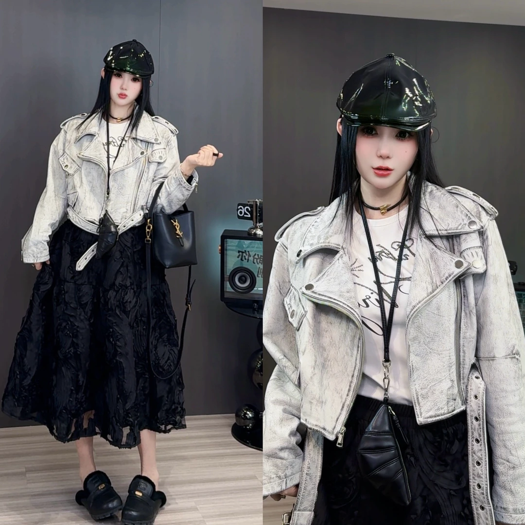 欧货爆款机车皮衣外套女秋冬高级感小个子复古港风休闲皮夹克上衣