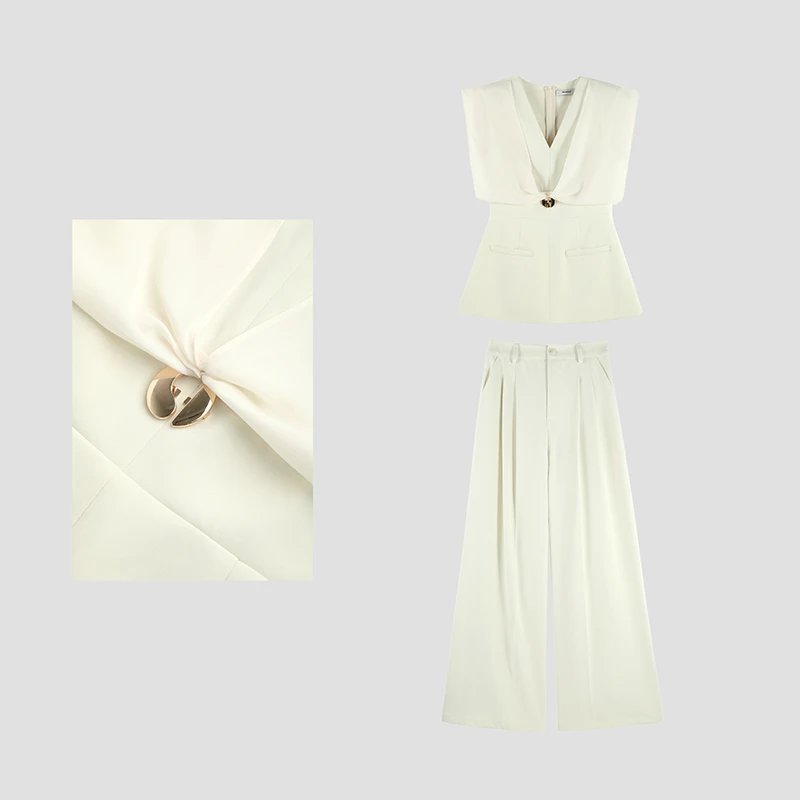 「默片女主」时尚设计V领无袖上衣百搭休闲套装SHBZX621228