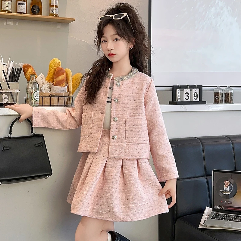 女童小香风套装裙2025新款儿童洋气韩版大童春秋装时尚百褶裙外套