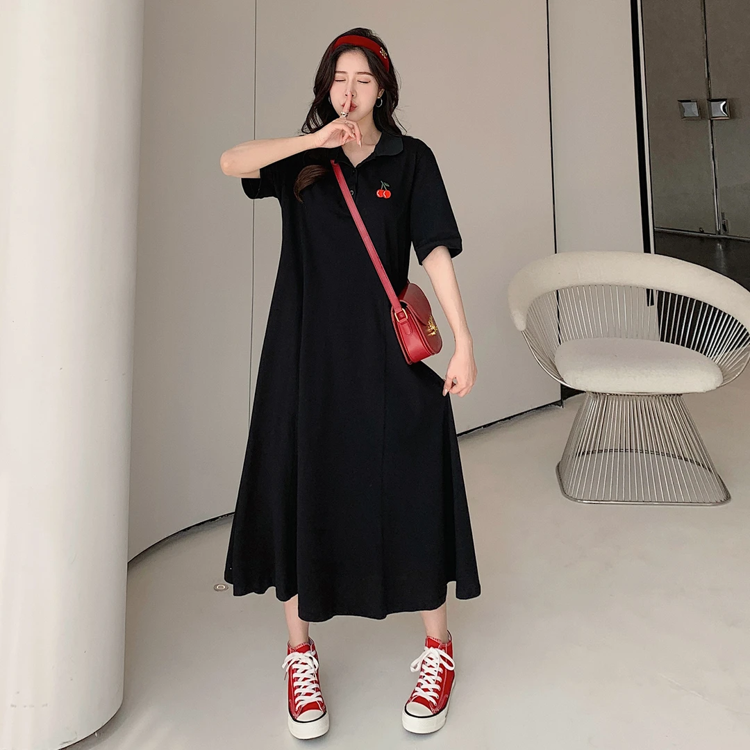 2025夏新款/刺绣小樱桃POLO领长款裙子A字短袖连衣裙夏季