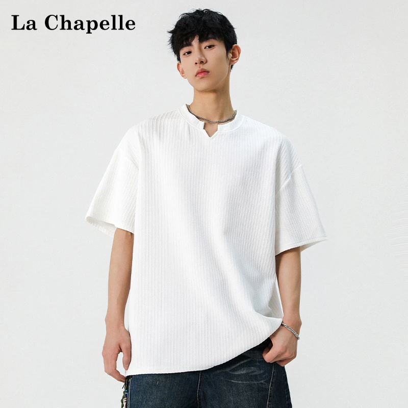 La Chapelle/拉夏贝尔肌理感五分袖T恤男款夏季v领宽松落肩短袖衫
