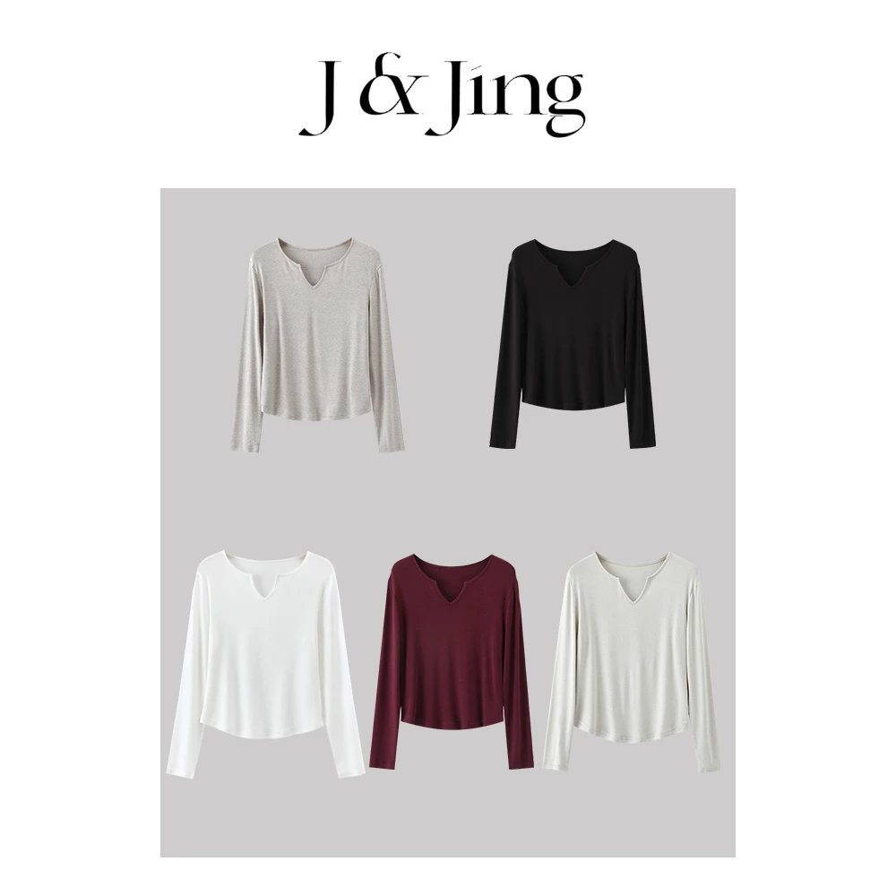 J&Jing-「奶皮T」-天丝羊毛舒适百搭V领衫打底长袖上衣3070