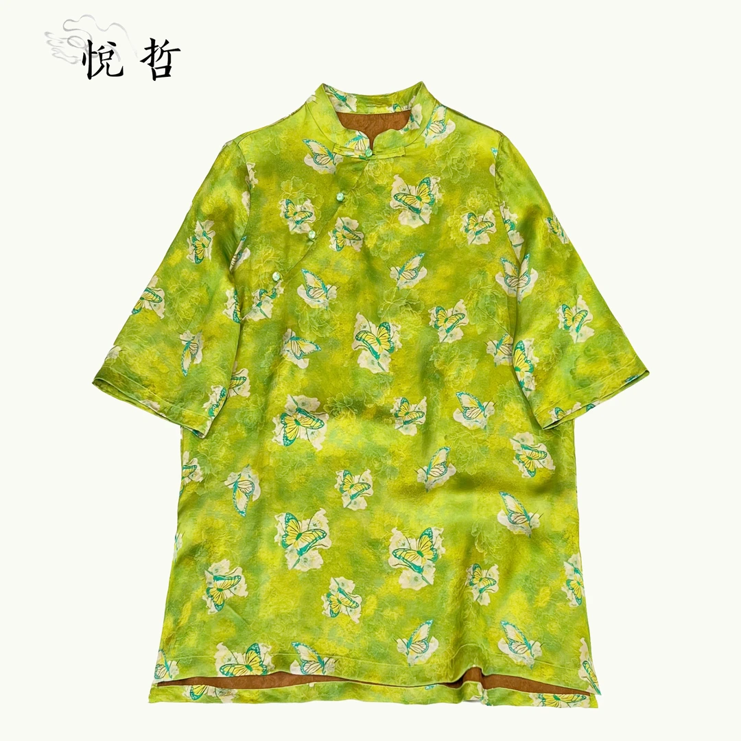 YUEZHE 夏季薄款国风斜襟提花上衣女2025新中式复古立领百搭短袖