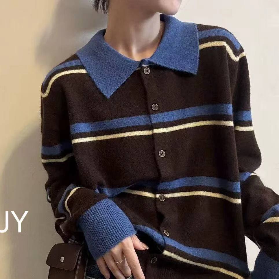 撞色条纹翻领针织开衫女2025秋冬新款胖MM宽松显瘦慵懒风毛衣外套