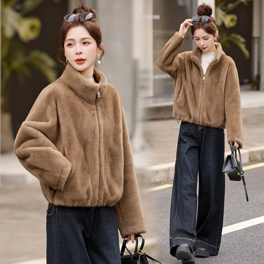 皮毛一体秋冬季新款仿水貂绒外套短款保暖立领环保獭兔毛时尚外套