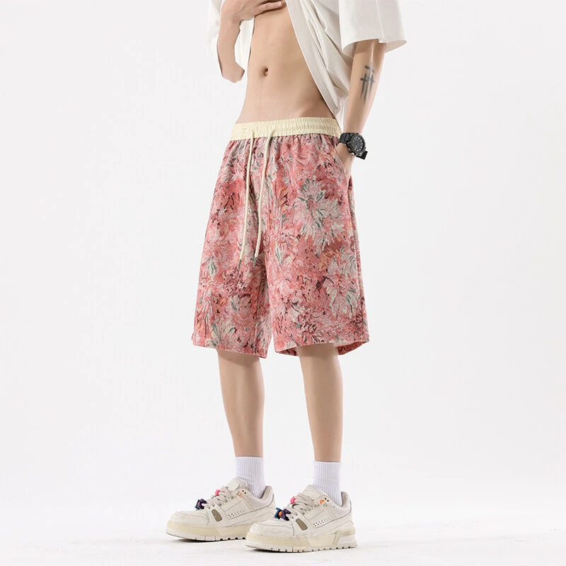 霄桂姿夏季新款小碎花短裤美式复古休闲五分裤男士潮流印花中裤子