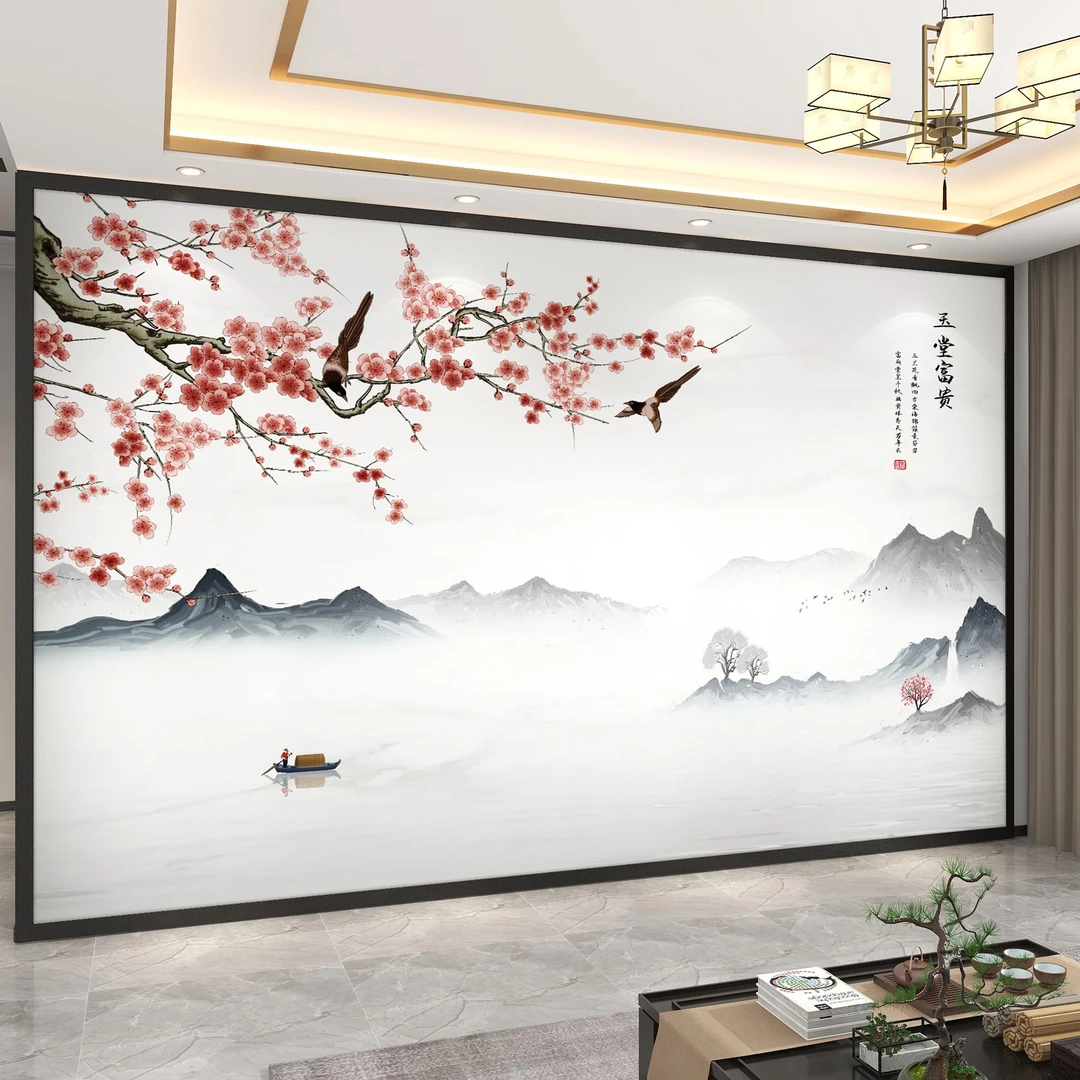 新中式花鸟电视墙背景墙壁画沙发壁布客厅卧室床头装饰墙布3d壁纸