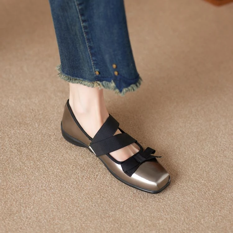 牛皮~3cm小众设计感真皮平底芭蕾舞鞋百搭方头蝴蝶结玛丽珍单鞋女