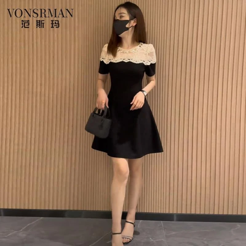 法式高端黑色短袖连衣裙女2025夏气质垂坠感收腰显瘦拼接蕾丝裙子