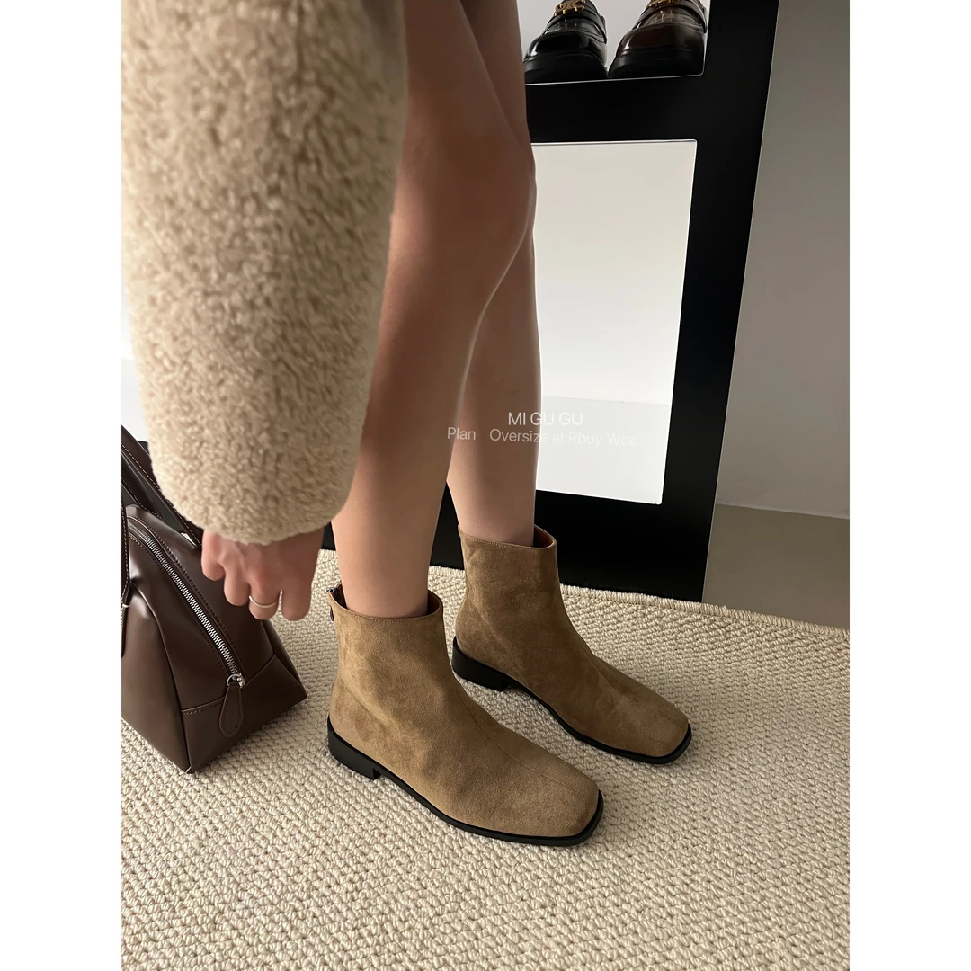 L-W96-6#米谷谷#今年流行的韩系瘦瘦小短靴简约方头粗跟时尚气质