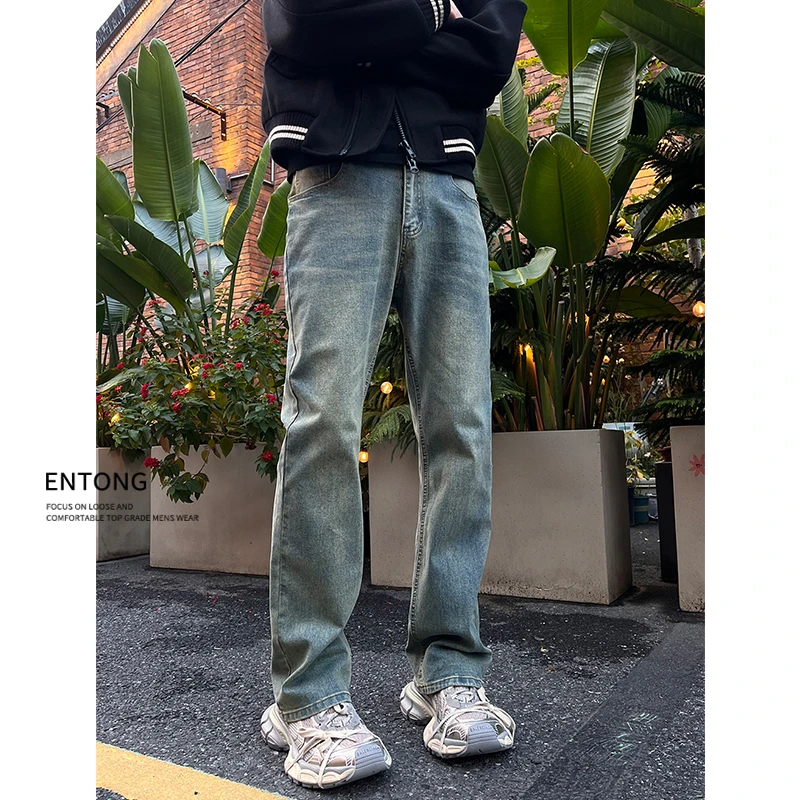 Entong美式复古蓝牛仔裤男高街vibe水洗微喇裤子做旧休闲百搭长裤