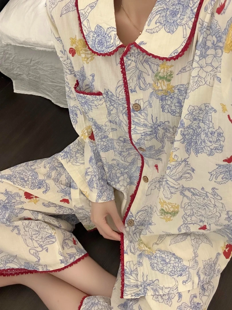 设计感撞色印花棉纱睡衣女春秋季新款大码长袖长裤家居服套装外穿