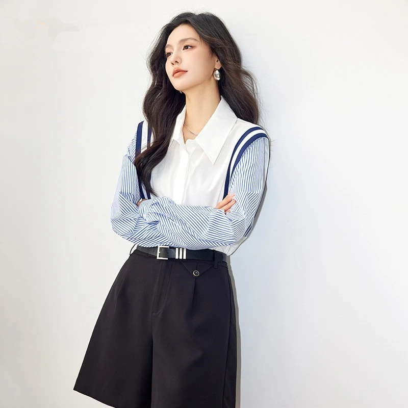 法式拼色撞色条纹衬衫女2025春秋新款时尚宽松长袖显瘦气质衬衣女