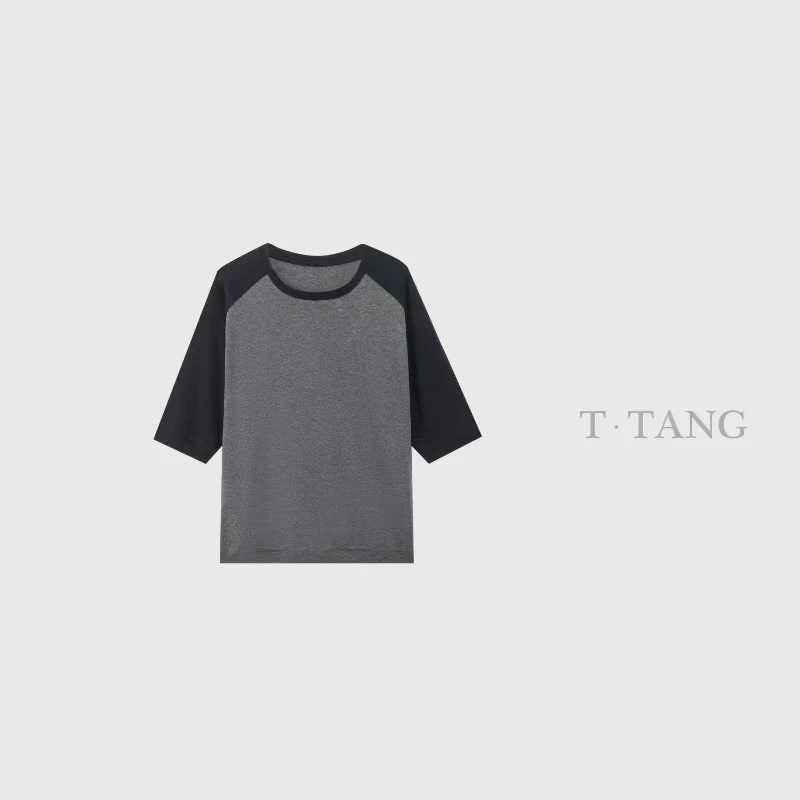 春季230g罗纹棉新款拼色插肩袖休闲减龄五分袖T恤【6659】NN