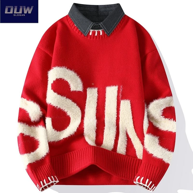 O.U.W毛衣2025男士秋冬季新款潮牌衬衫领针织衫男装假两件线衣服