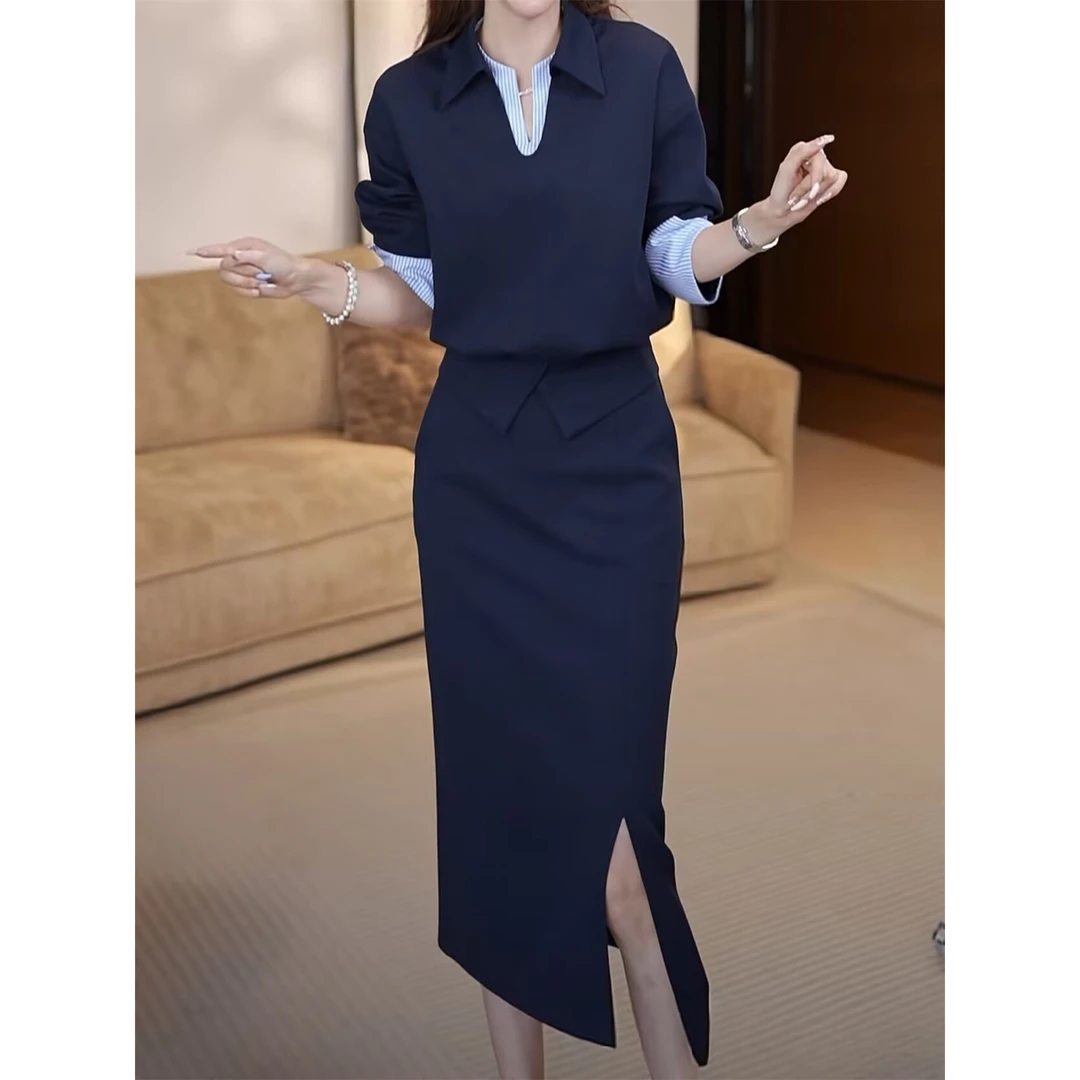 韩版气质名媛休闲套装裙2025春季新款假两件减龄上衣半裙高级女装