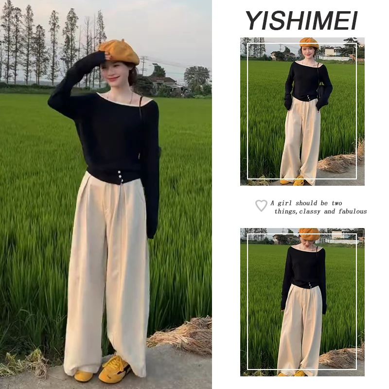 秋季时尚穿搭2025新款韩系百搭气质简约长袖上衣高腰休闲裤两件套