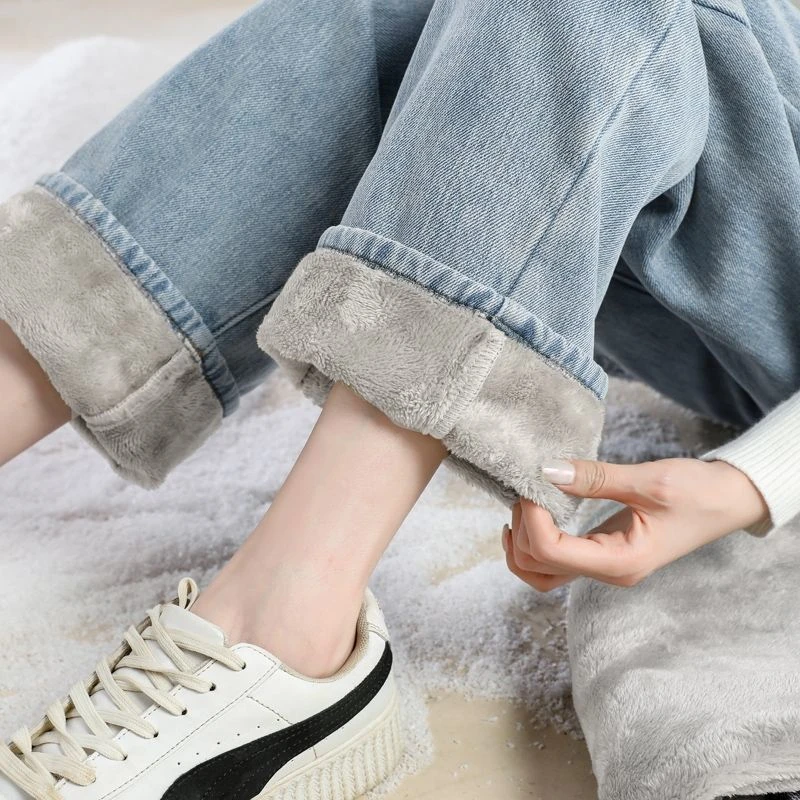 其他100%浅蓝色加绒牛仔裤女冬季加厚阔腿裤高腰宽松直筒显瘦设计