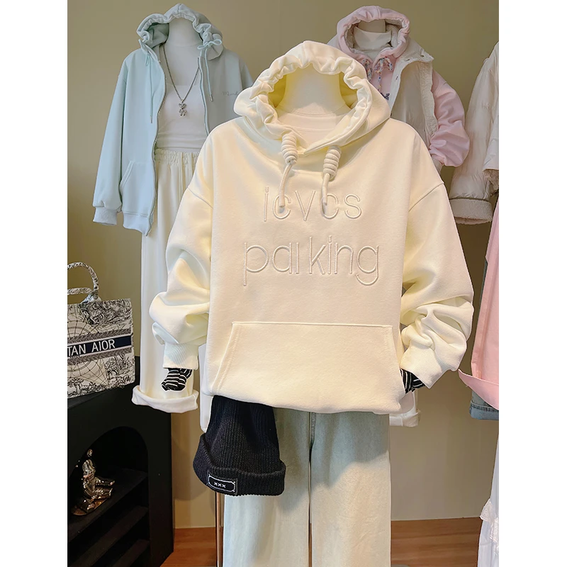 奶fufu设计感小众字母刺绣连帽上衣女2025新款爆款洋气宽松卫衣潮