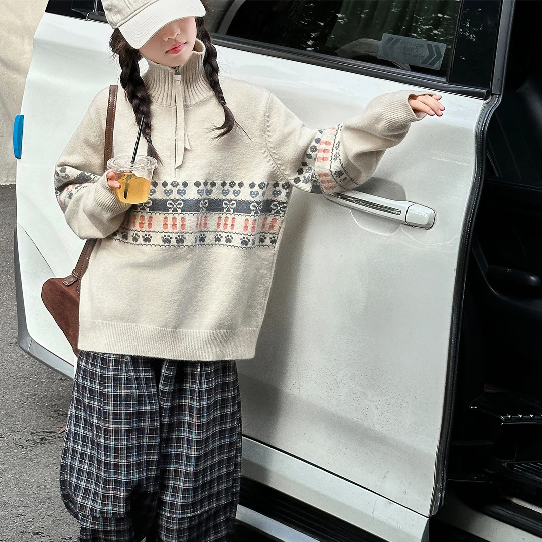 女童时尚半高领提花毛衣秋冬季2026新款女大童冬装洋气针织衫上衣