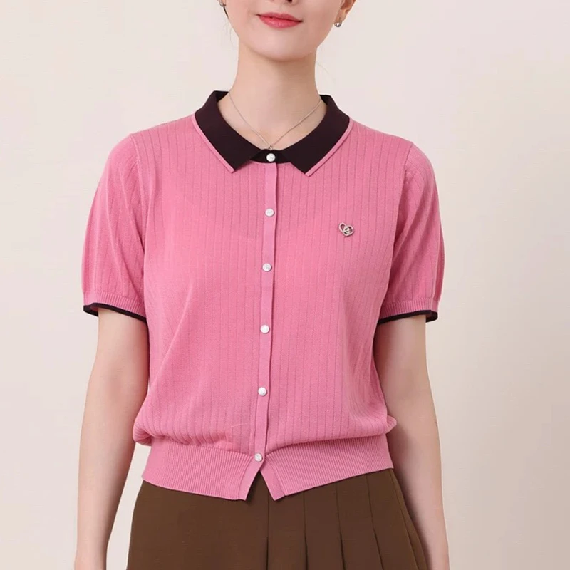 26168夏季新款套头宽松显瘦百搭撞色针织衫短袖上衣 4