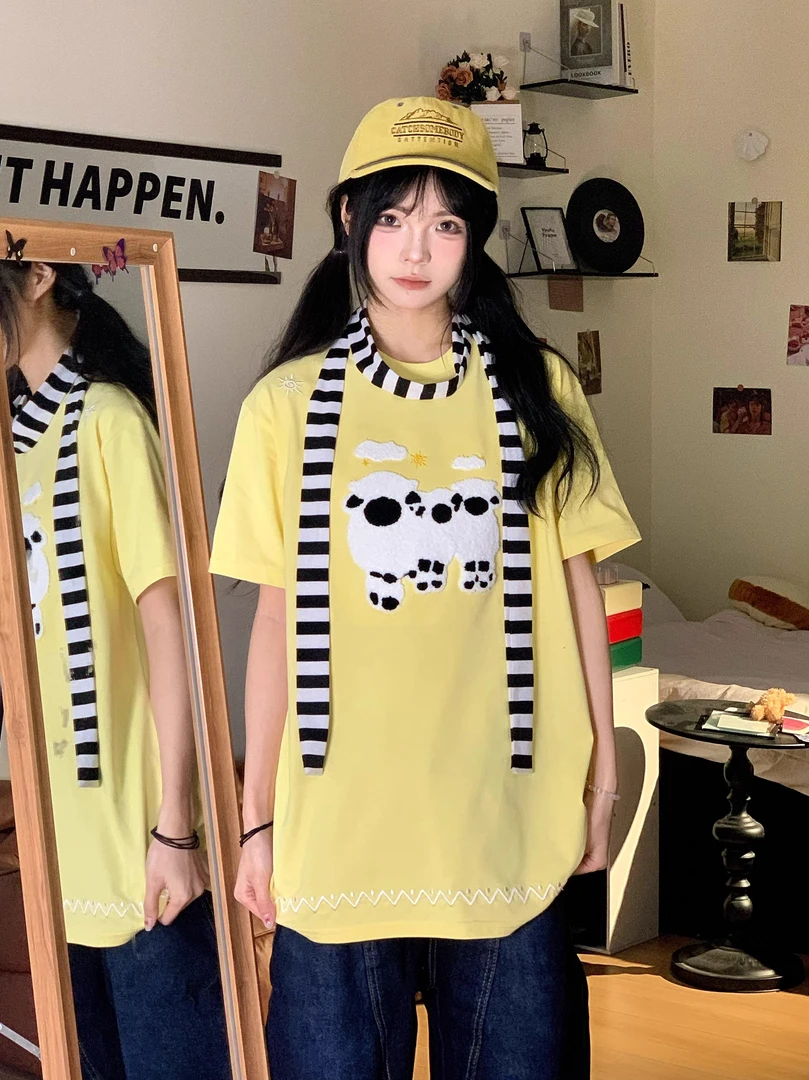 2025新款奶甜系三羊刺绣短袖t恤女春夏季慵懒风情侣半袖宽松上衣