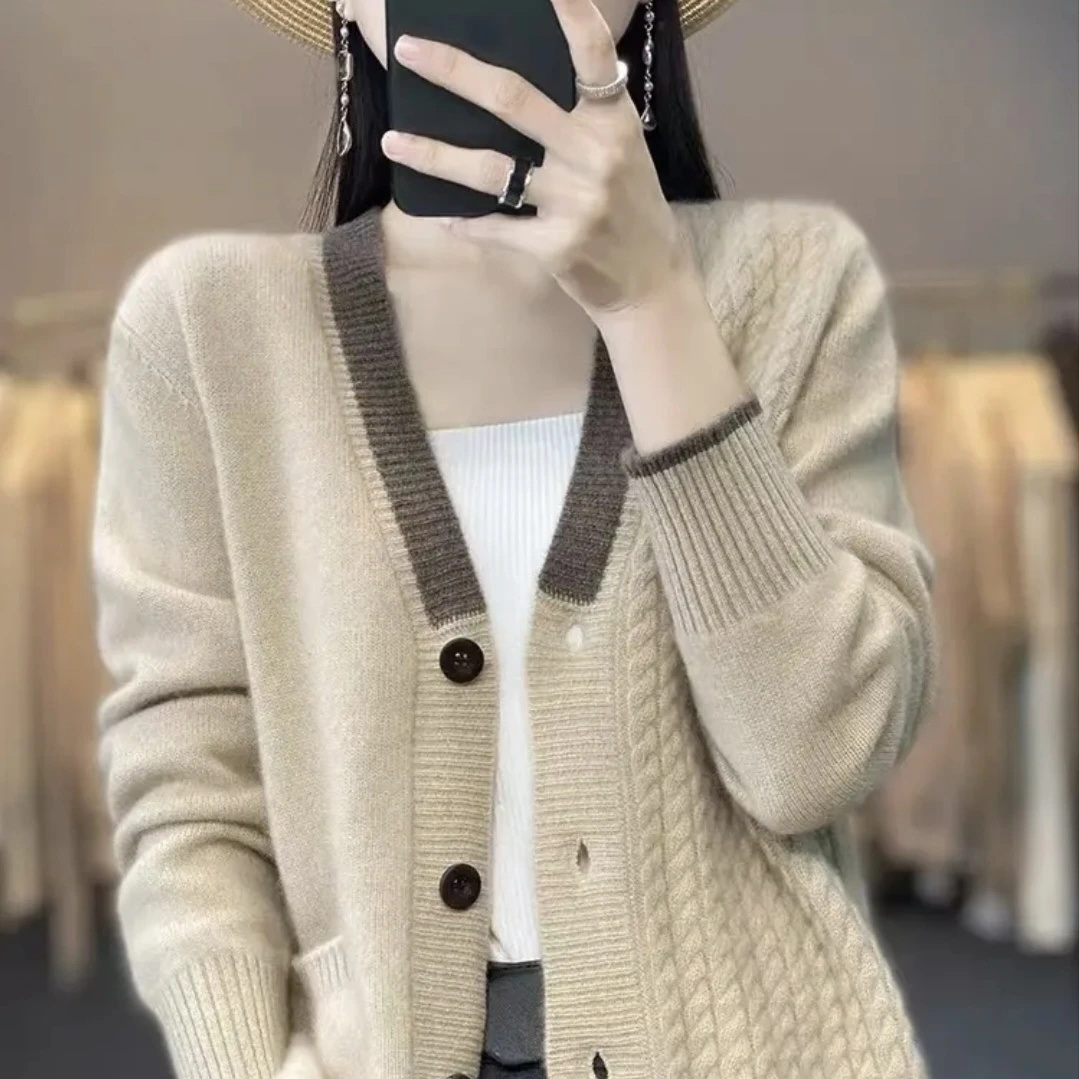 七针双股加厚100%羊毛开衫女V领宽松时尚麻花羊绒针织外套2024款
