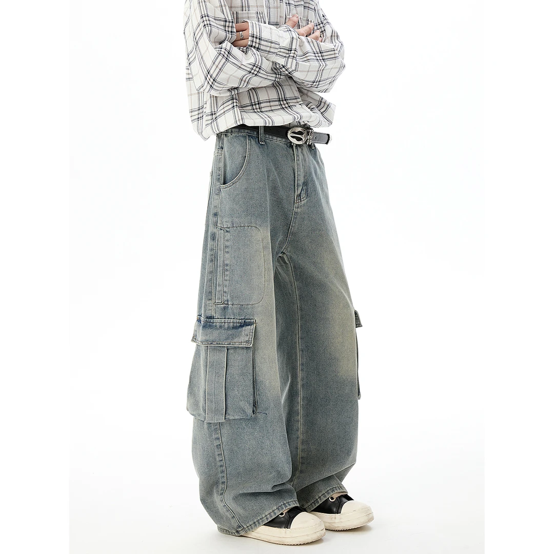 QIUYIDAODI阔腿工装牛仔裤美式潮牌宽松裤子水洗复古高街拖地长裤
