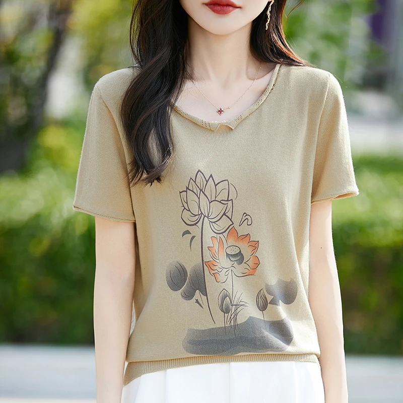 哥弟阿玛施官方新款纯棉荷花印花短袖女宽松显瘦文艺针织衫上衣女
