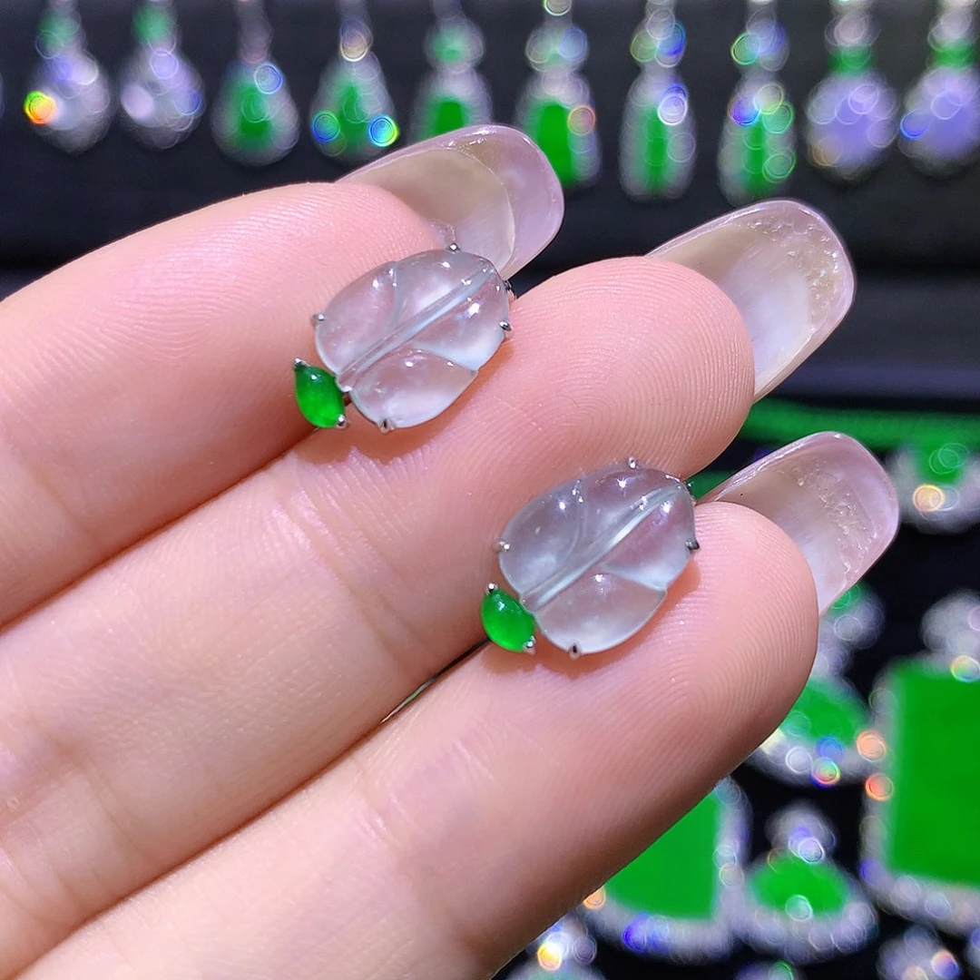 翡翠18K金镶嵌耳饰玻璃种极光金枝玉叶耳包